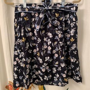 LOFT Navy White Yellow Floral Skirt Tie Waist